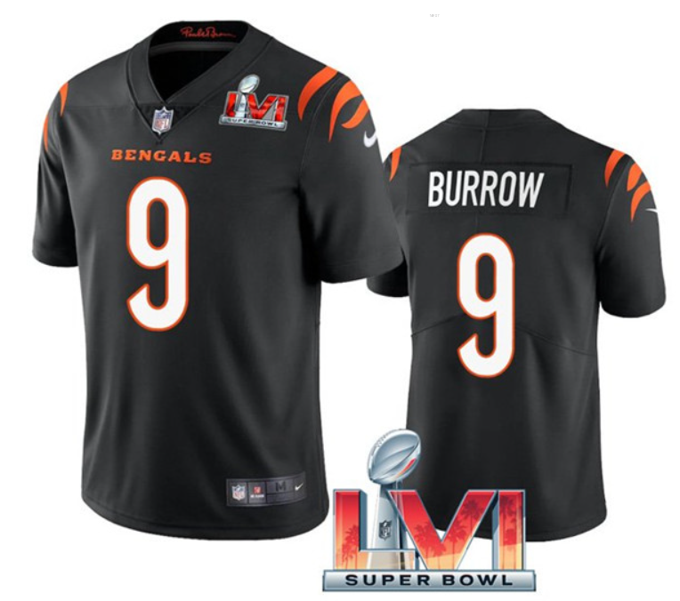Women's Cincinnati Bengals #9 Joe Burrow 2022 Black Super Bowl LVI Vapor Limited Stitched Jersey(Run Small)